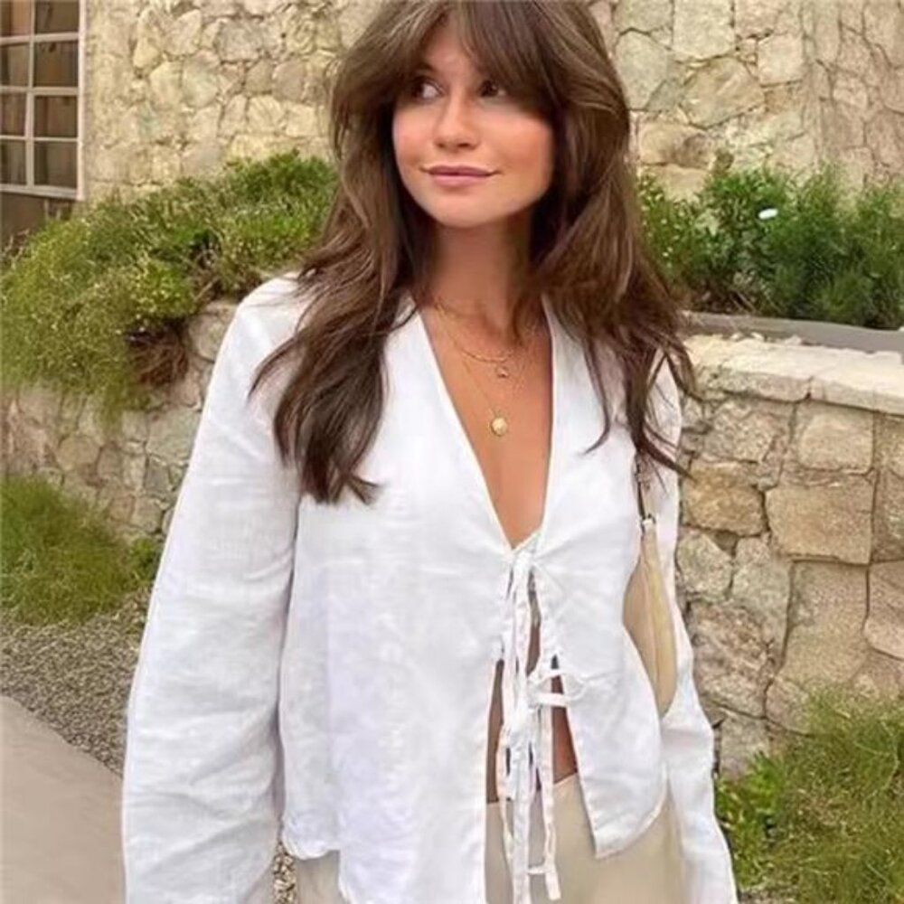 ALOBEE Loose Lace Up Bow Shirt Women Elegant V Neck Long Flare Sleeve Lady 2024